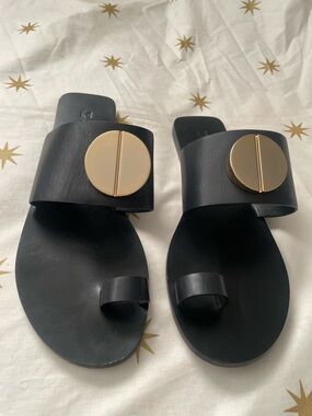 Mercedes Castillo “Fallon” Oversized Nail Plate Toe Ring Leather Slide Sandals
